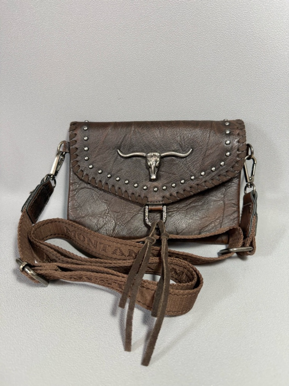 Montana West Brown Faux Leather Crossbody Bag with Bull Head Accent